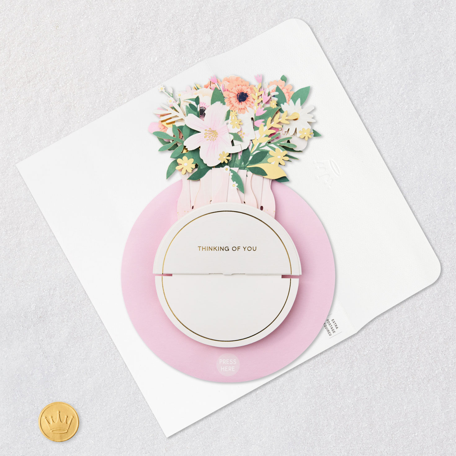 Spinning Pink and Gold Floral Bouquet Pop Up Card Card Front with Envelope and Gold Seal image number 7