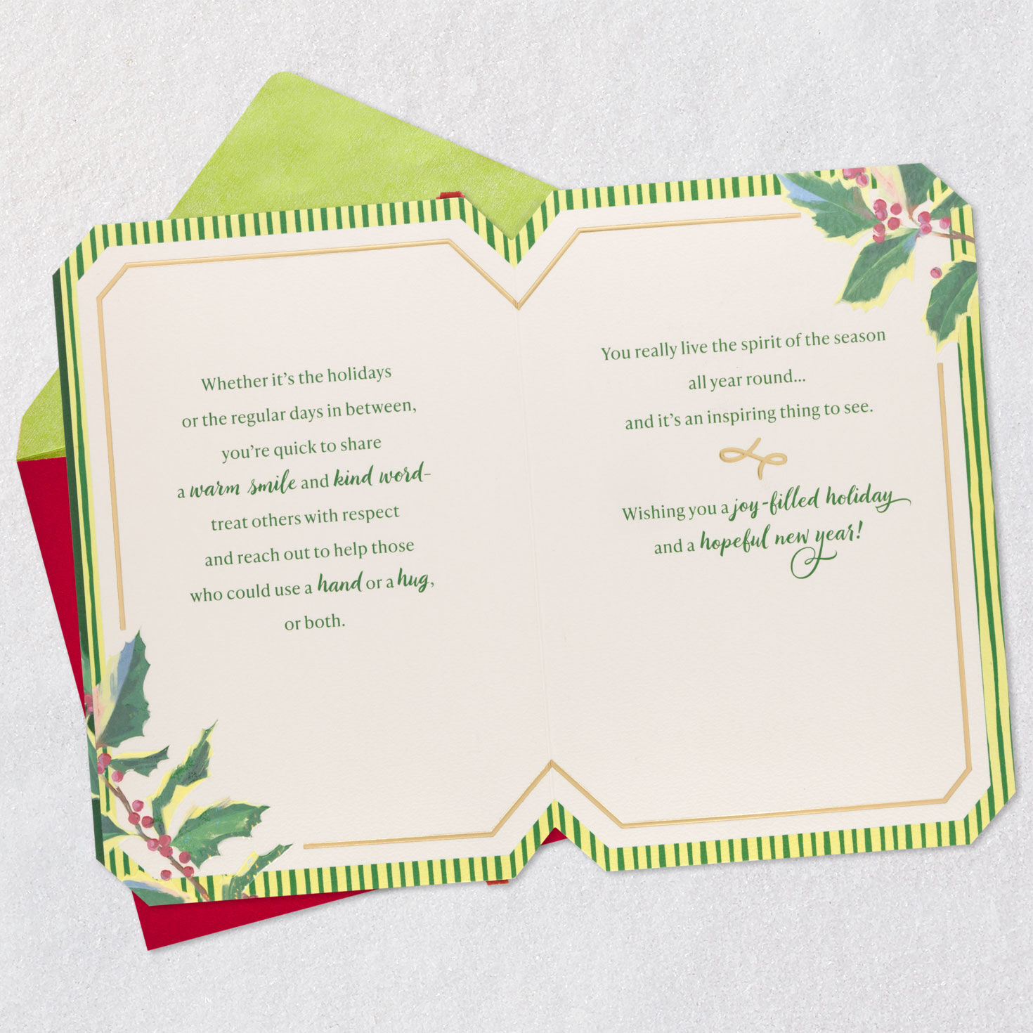 Holly on Green With Red Ribbon Christmas Card Open card with envelope image number 4