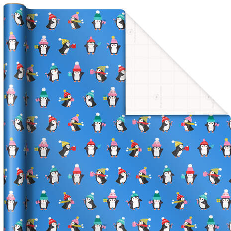 Playful Penguins on Blue Holiday Wrapping Paper, 45 sq. ft., , large
