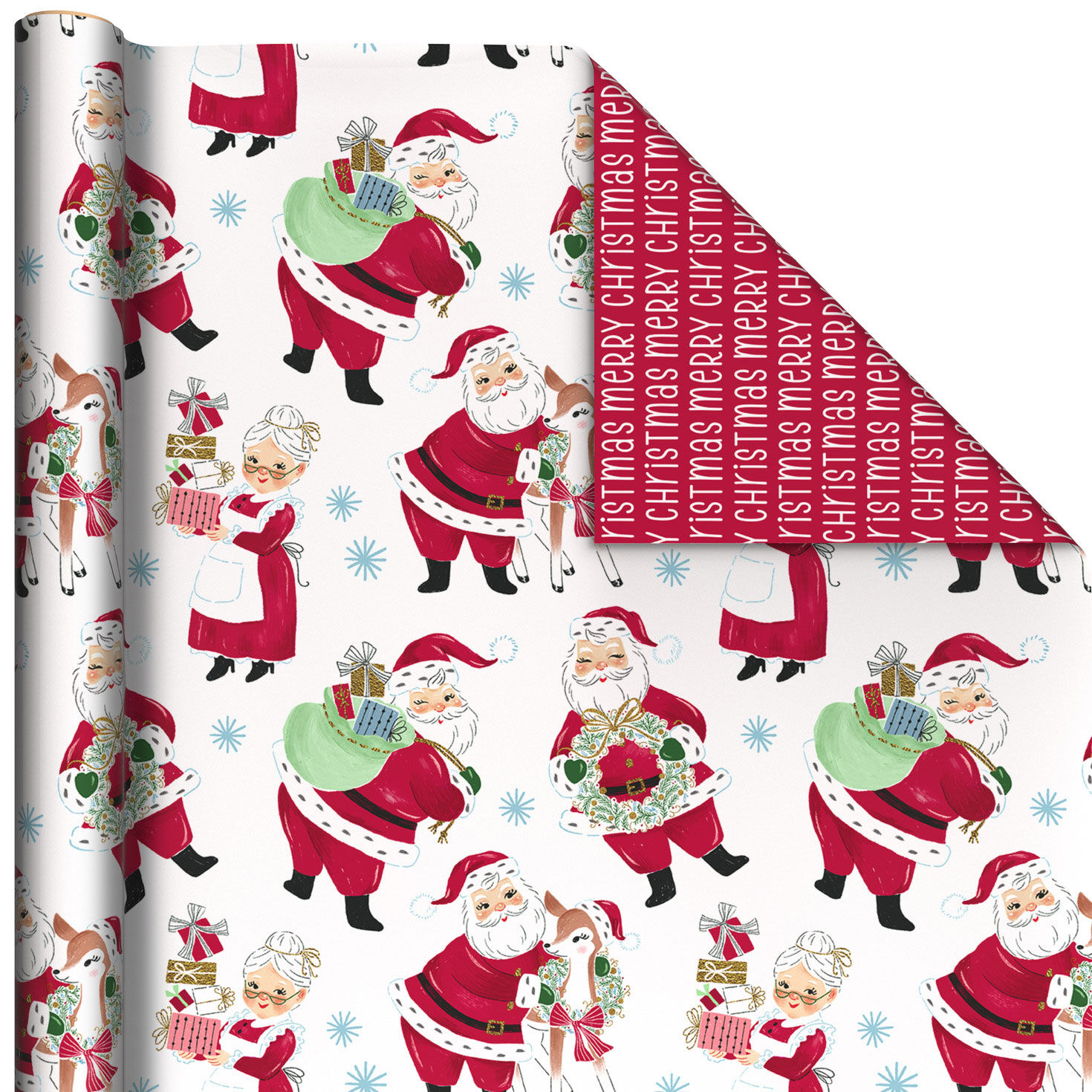 Vintage Santas/Merry Christmas on Red Reversible Wrapping Paper Roll, 30 sq. ft.