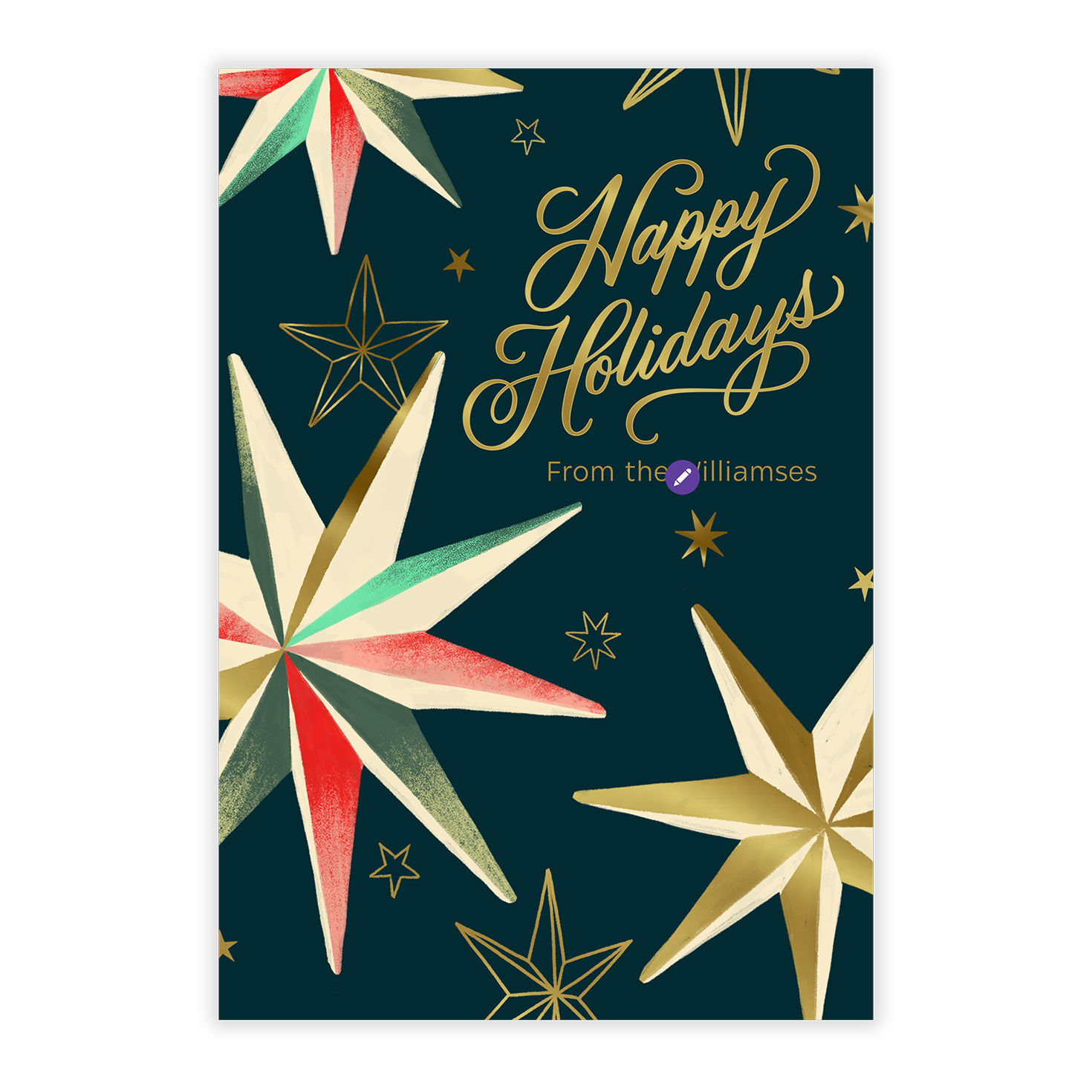 Retro Stars on Green Personalized Holiday Card Card Front indicating personalization image number 5
