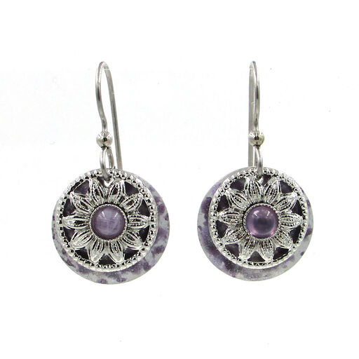 Silver Forest Purple Stone and Metal Flower Layered Drop Earrings, 