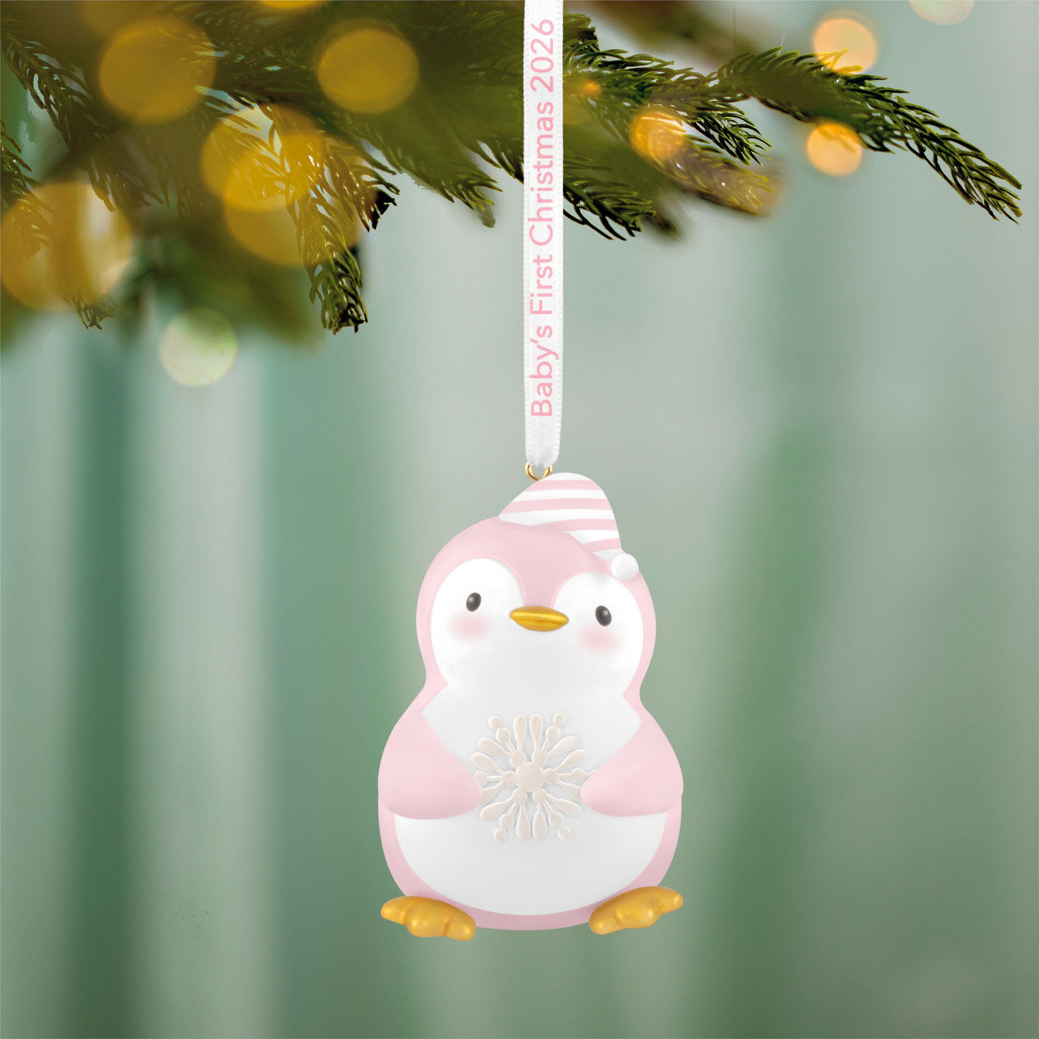 Baby Girl 1st Christmas Penguin Keepsake Ornament hanging on tree image number 2