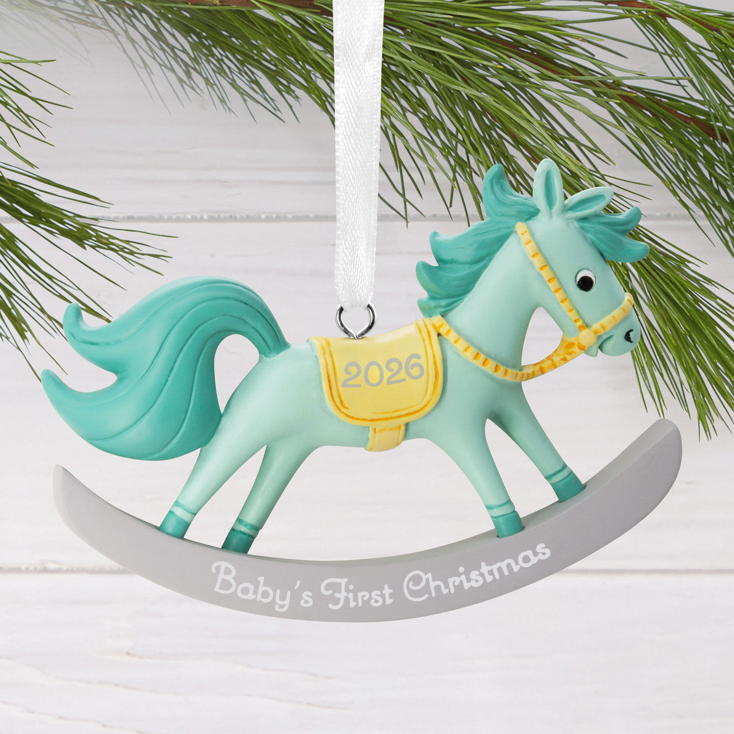 Blue Rocking Horse Christmas Ornament hanging on tree image number 2