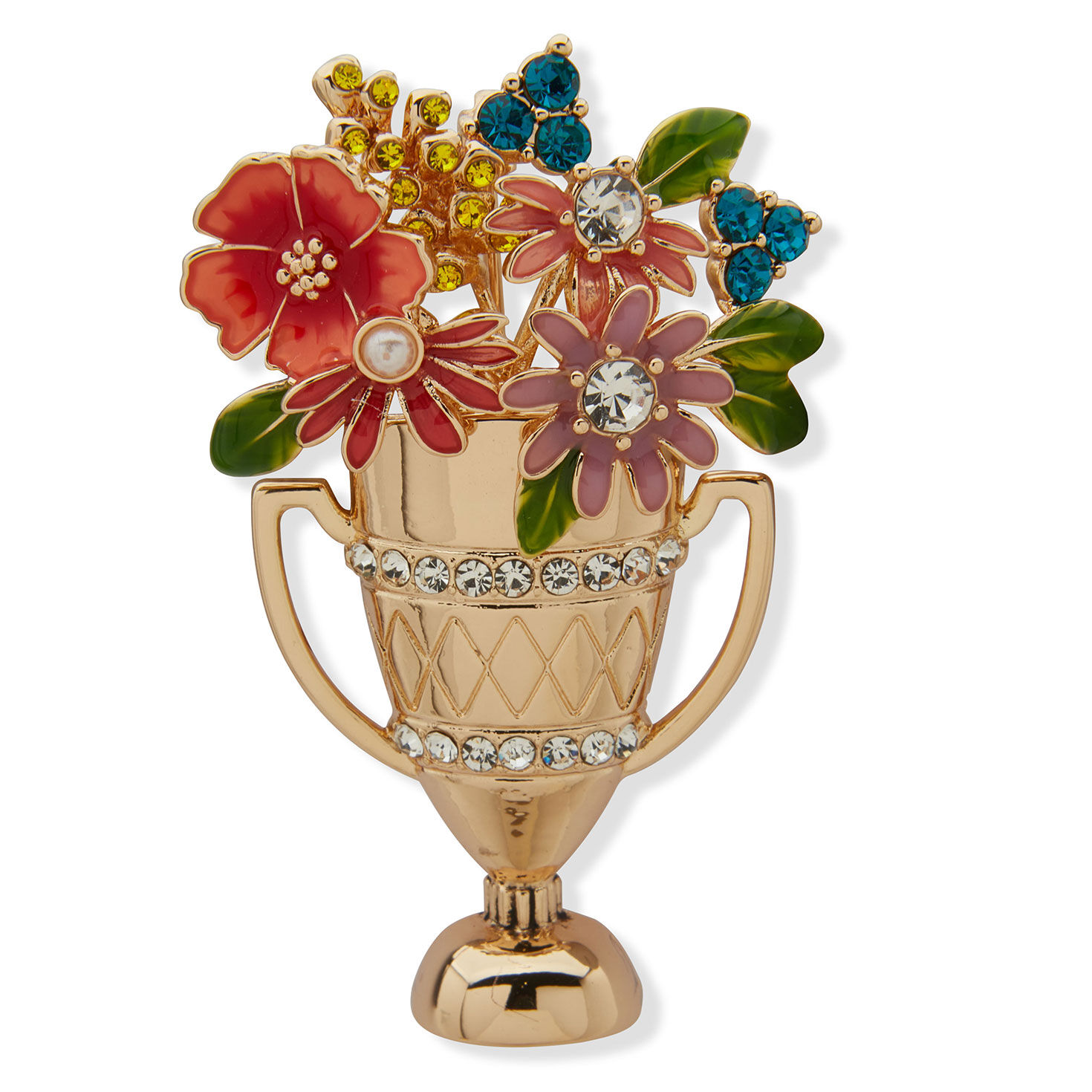 Kentucky Roses Gold Metal Trophy Pin With Enamel and Crystal Flowers
