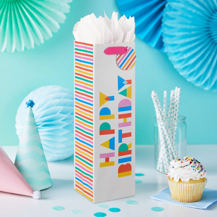 Colorful Happy Birthday Wine Bottle Gift Bag In use image number 2
