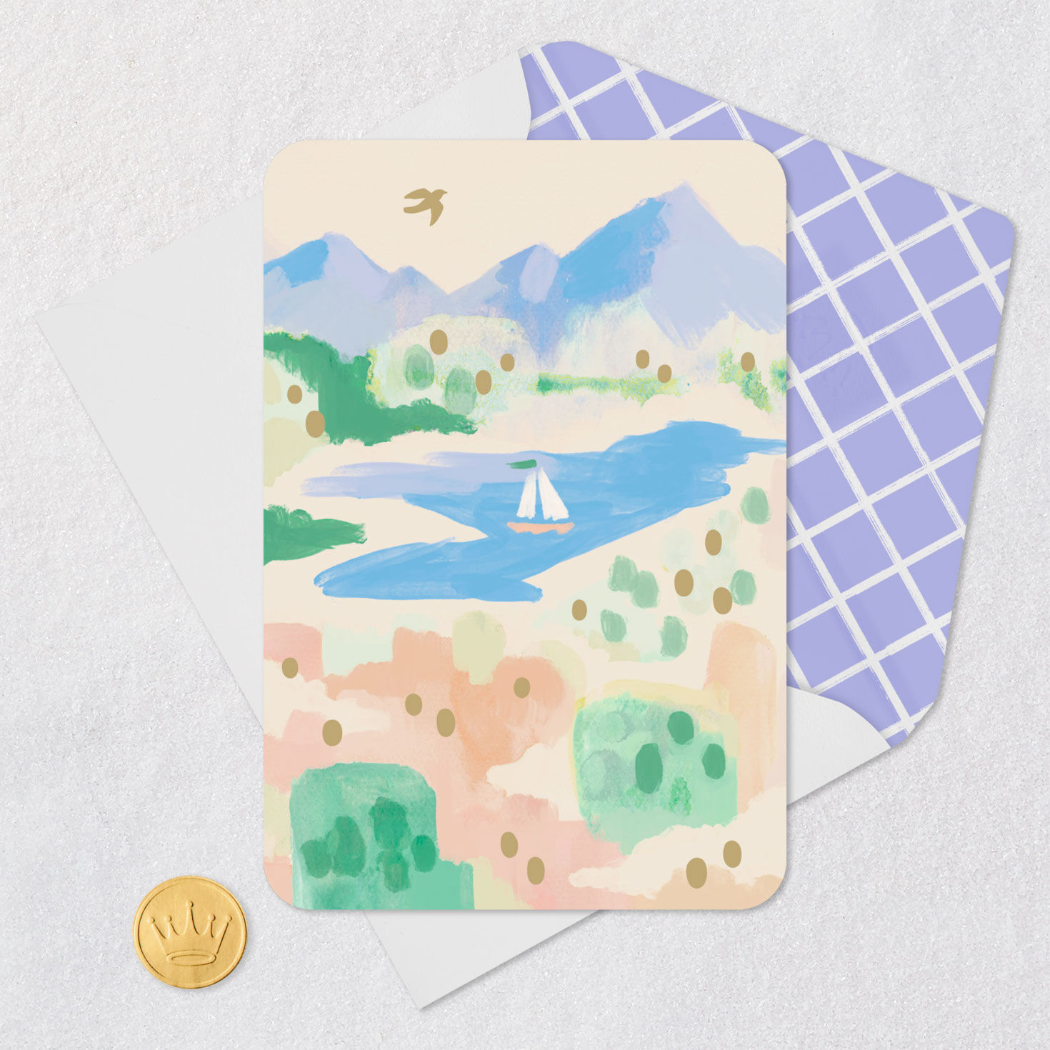 Sailboat on Mountain Lake Blank Card Card Front with Envelope and Gold Seal image number 4