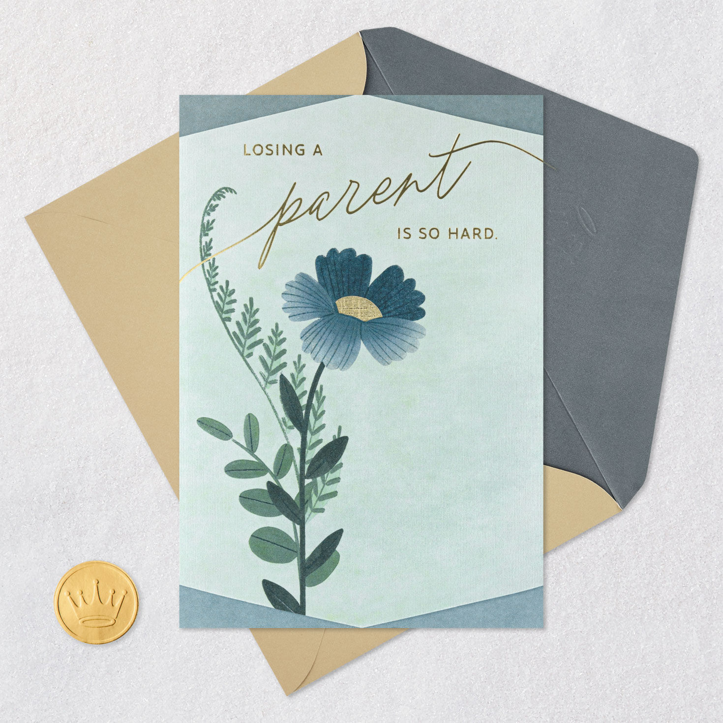 Blue Flower on Teal Parent Sympathy Card Card Front with Envelope and Gold Seal image number 5
