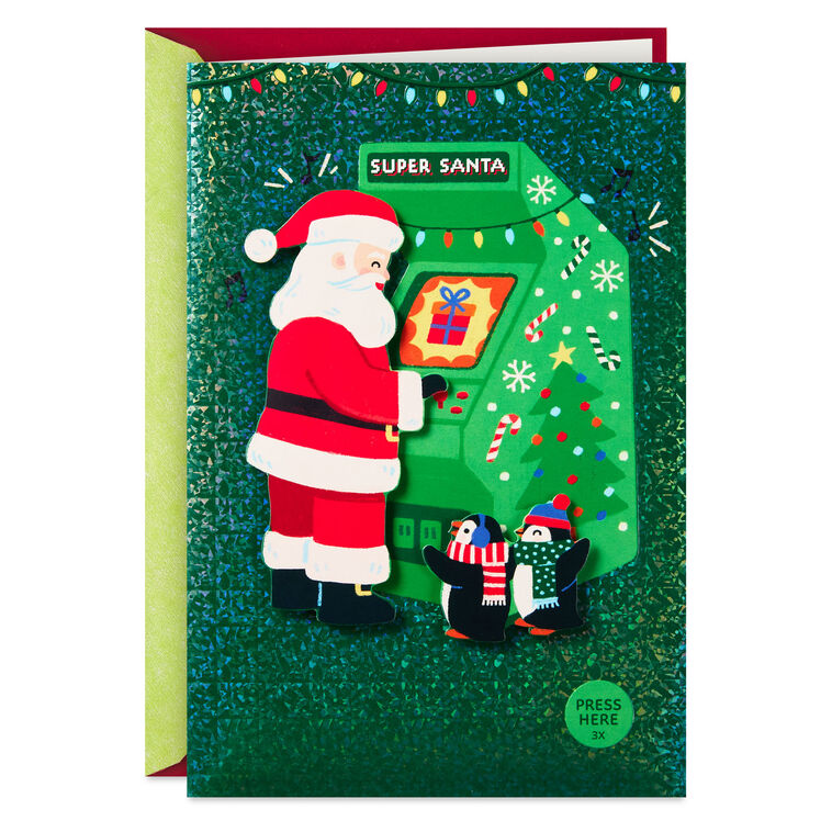 Santa and Friends at Video Arcade Musical Christmas Card for Kids