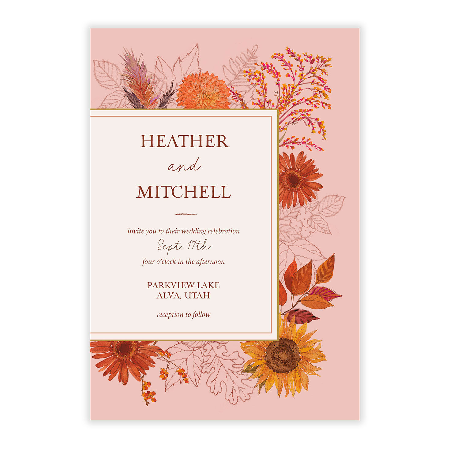 Fall Flowers on Rose Pink Wedding Invitation, , large image number 5