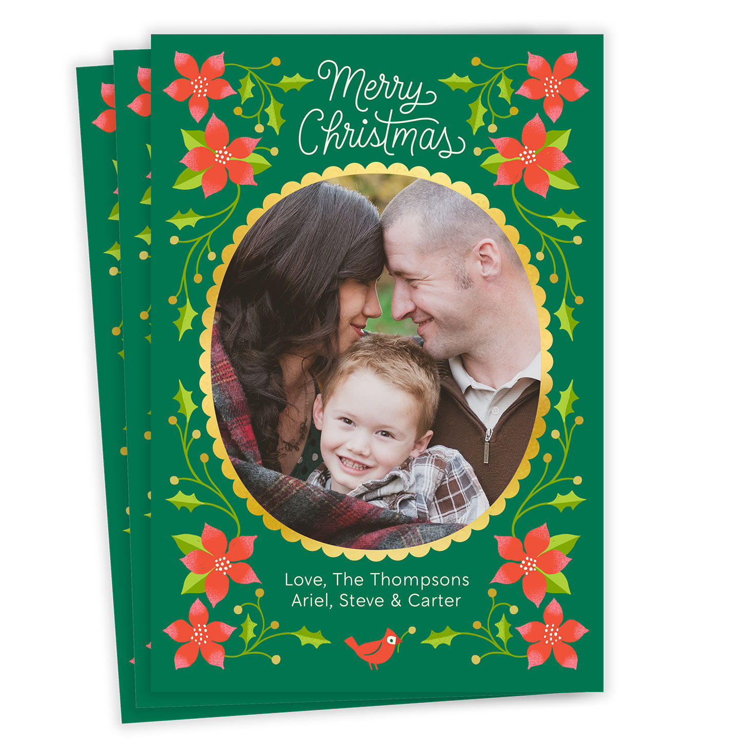 Poinsettias and Holly Frame Flat Christmas Photo Card