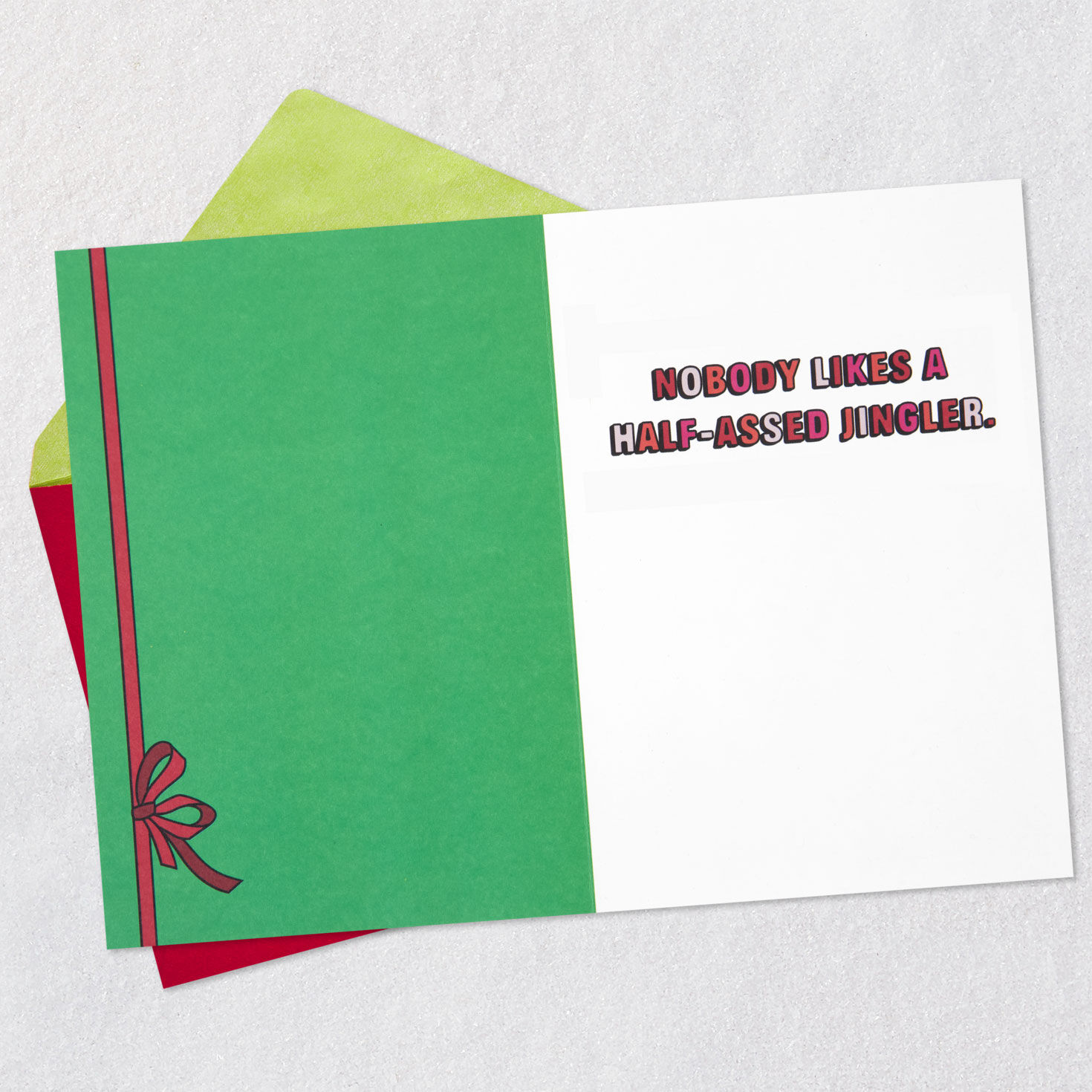 Red and Pink Lettering with Bells on Green Christmas Card Open card with envelope image number 3