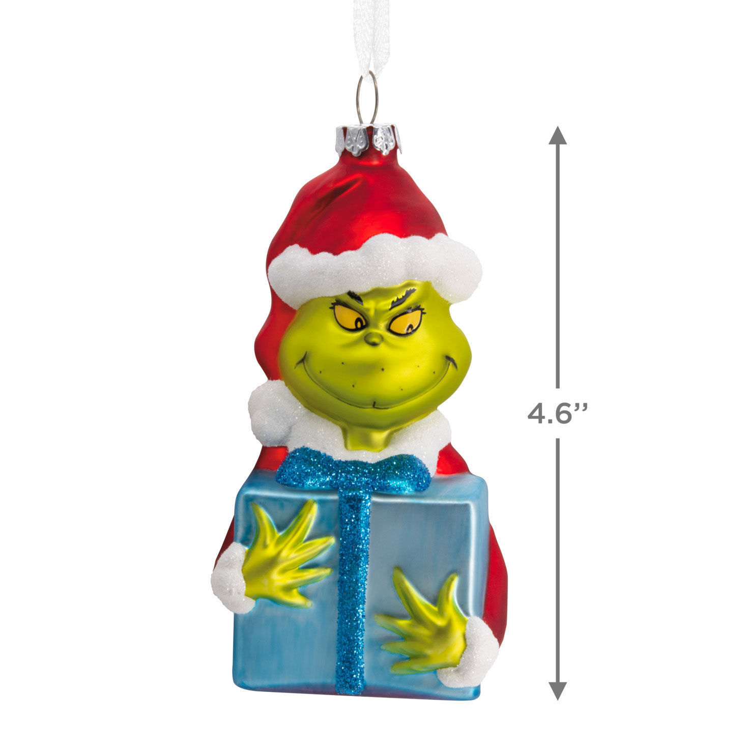 Grinch With Present Glass Christmas Ornament measurement image number 3