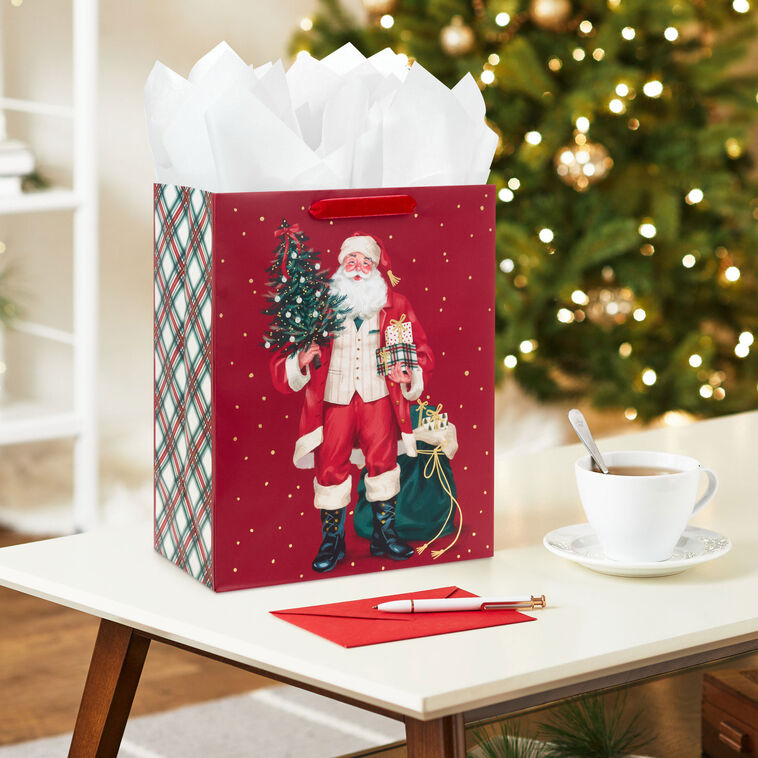 Santa With Gifts on Red Large Christmas Gift Bag In Use image number 2