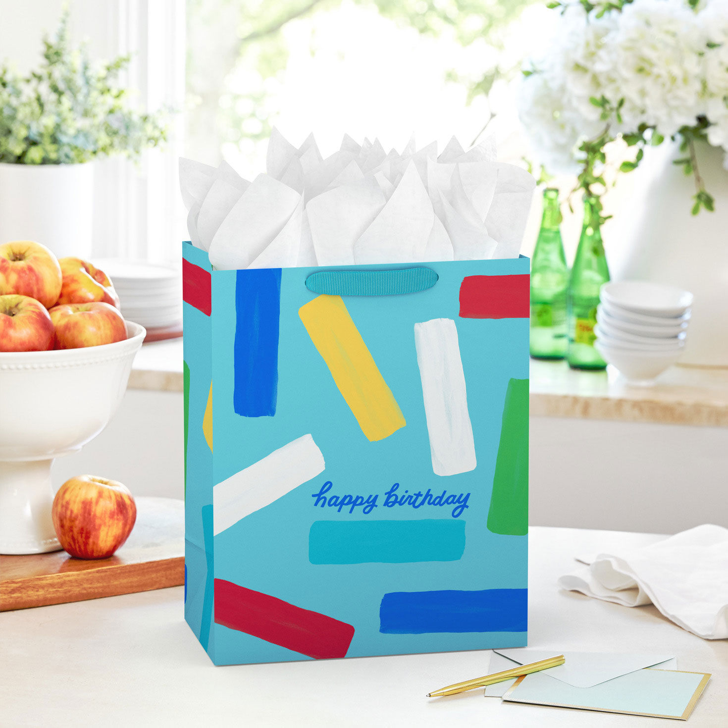 Colorful Painted Stripes Large Birthday Gift Bag in use image number 2