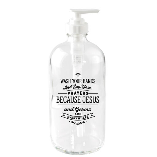 Dexsa Jesus and Germs are Everywhere Glass Soap Pump Dispenser, 18 oz., 