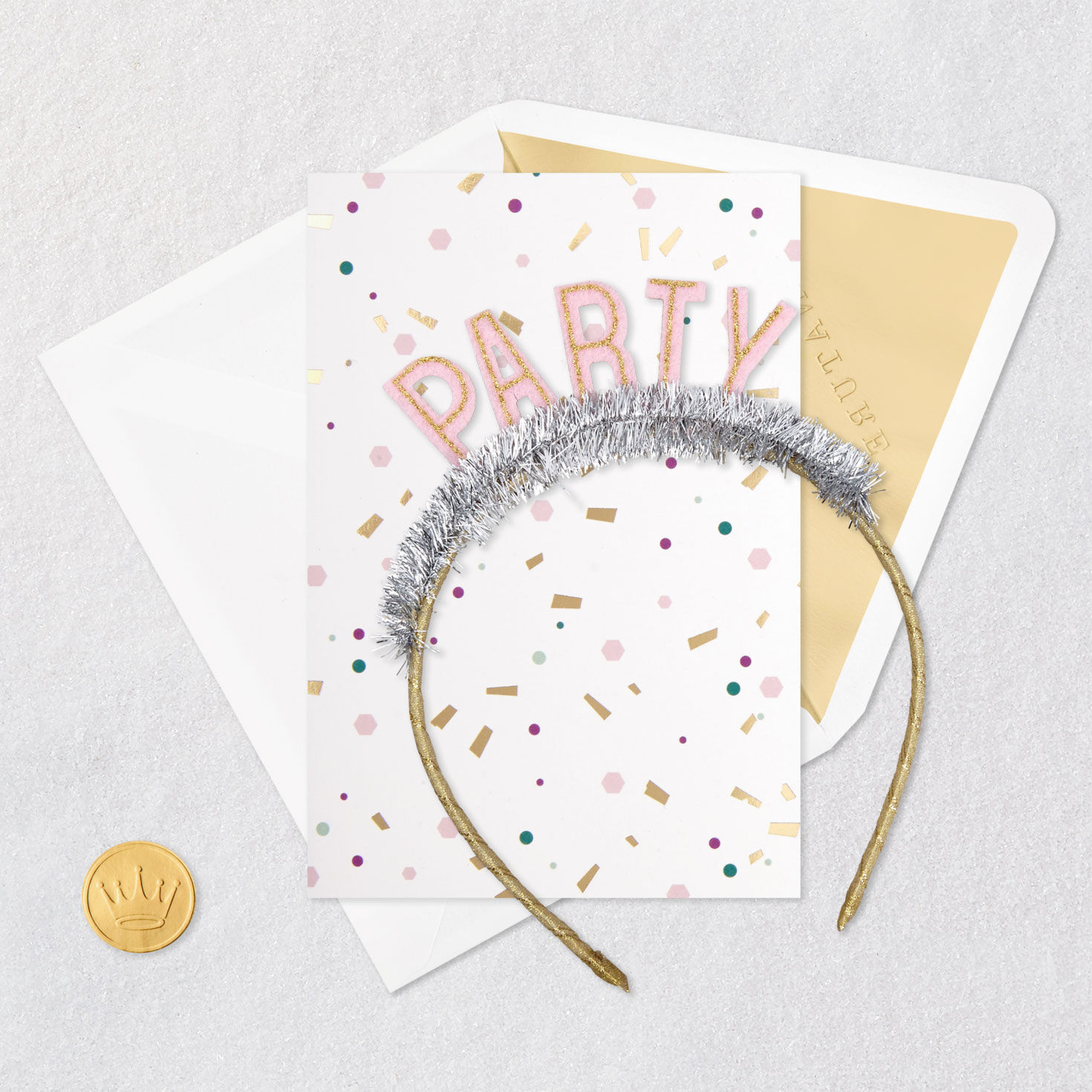 Pink and Gold Sparkly Party Headband Birthday Card Card Front with Envelope and Gold Seal image number 5