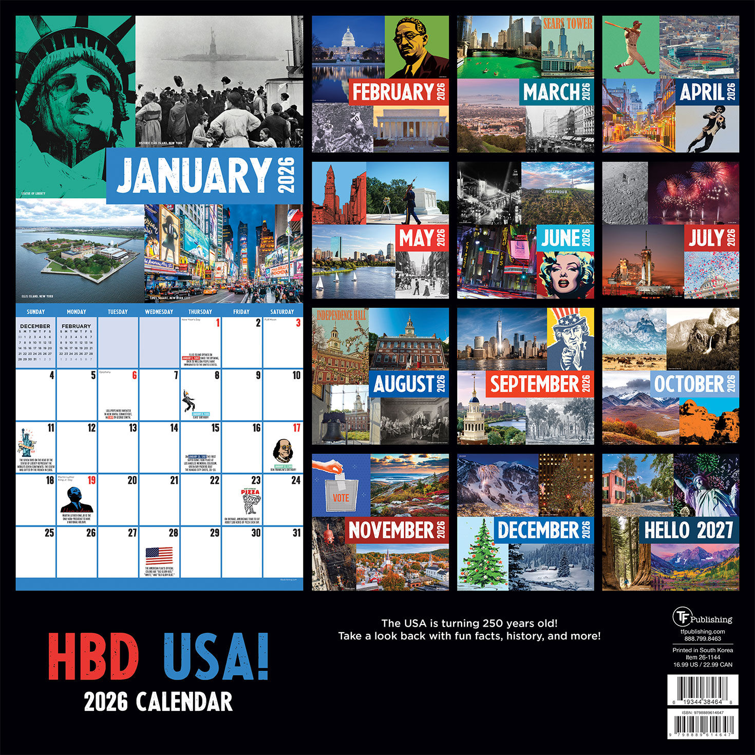 250 Years of USA American Icons 2026 Wall Calendar back image number 2