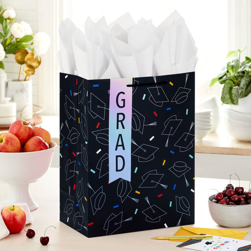 13" Grad Hats on Black Large Gift Bag With Graduation Card and Tissue Paper, 