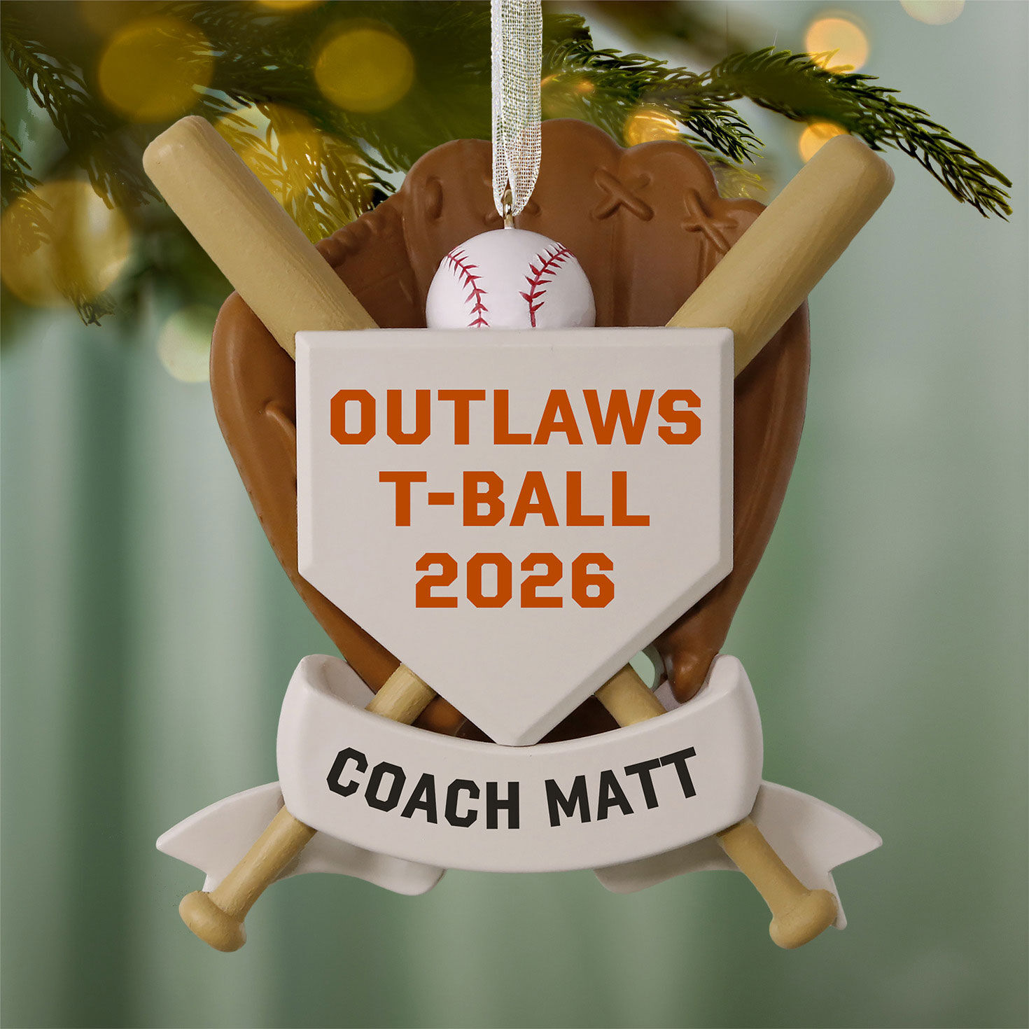 America's Pastime Baseball Personalized Ornament, Custom Text hanging on tree image number 2