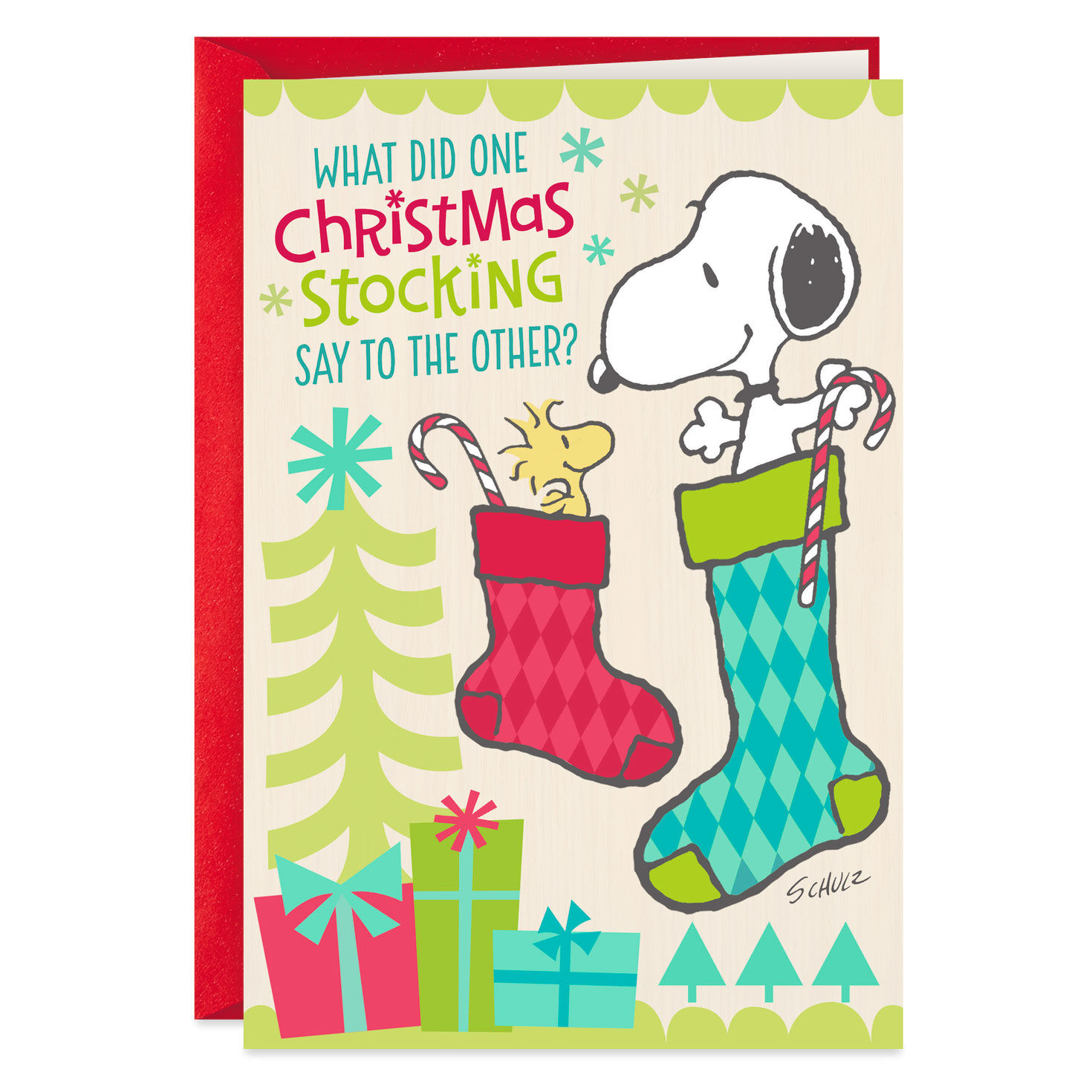 Peanuts® Snoopy and Woodstock in Stockings Funny Christmas Card