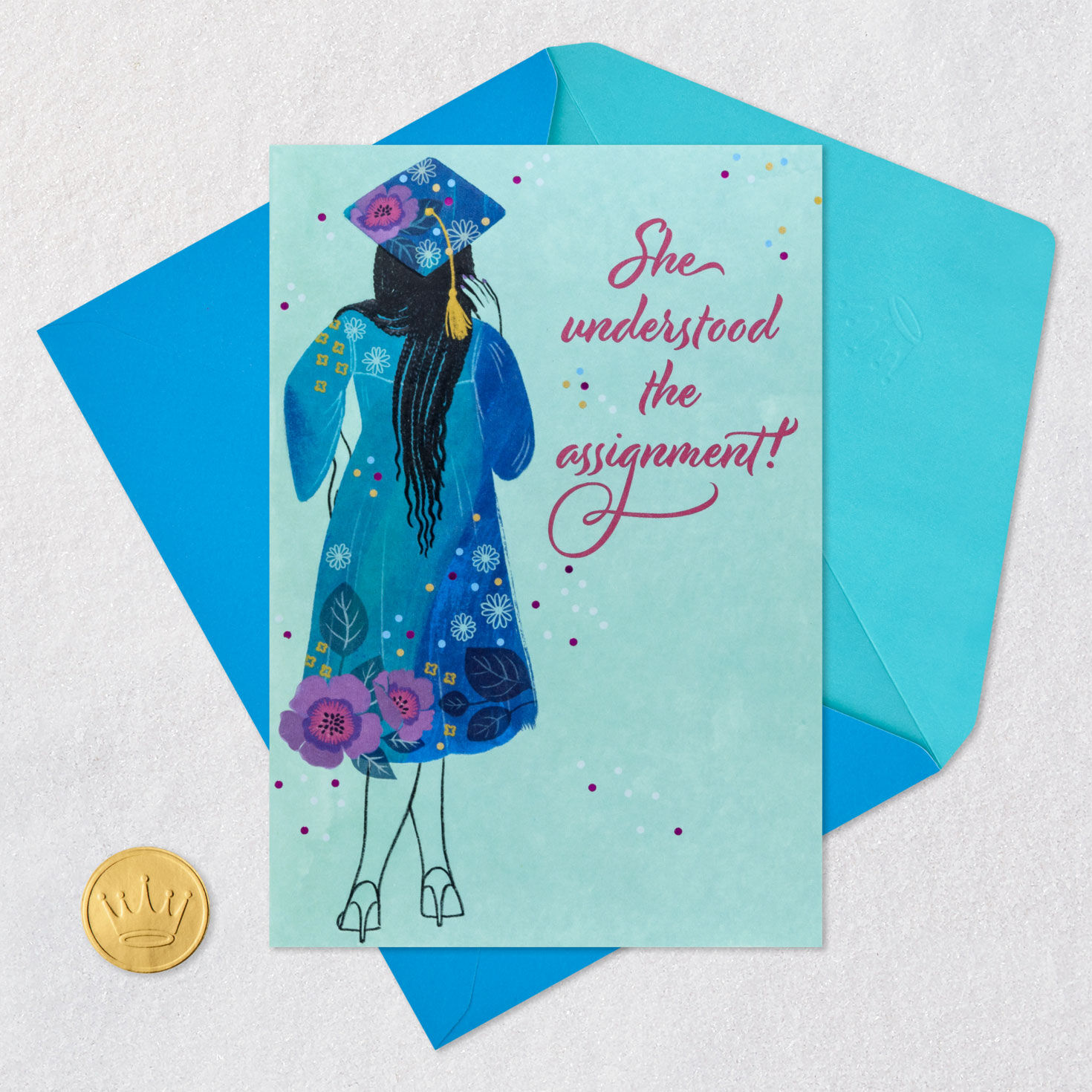 Grad in Blue Floral Gown Graduation Card for Her Card Front with Envelope and Gold Seal image number 6