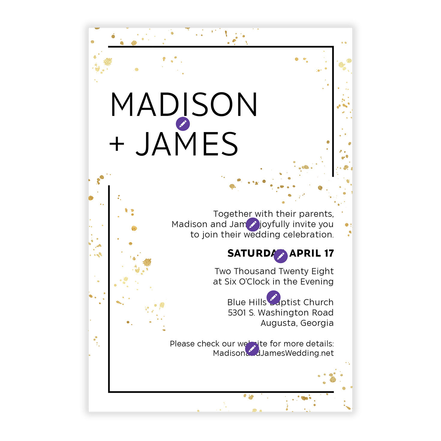 Gold Splatter Personalized Wedding Invitation Card Front indicating personalization image number 5