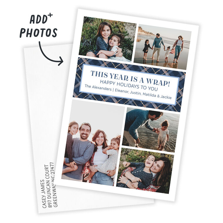 Blue Plaid Photo Grid Personalized Holiday Card Card with Envelope indicating personalization image number 2