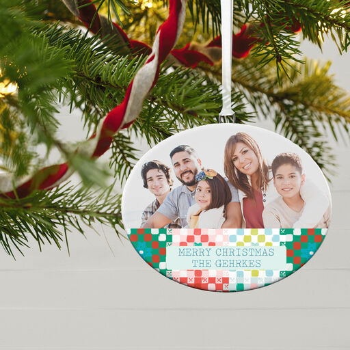Holiday Patchwork Personalized Text and Photo Ceramic Ornament, 