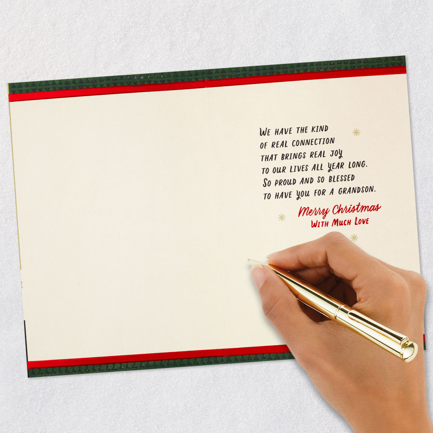 Patterned Tree and Fireplace Christmas Card for Grandson Signing card image number 6