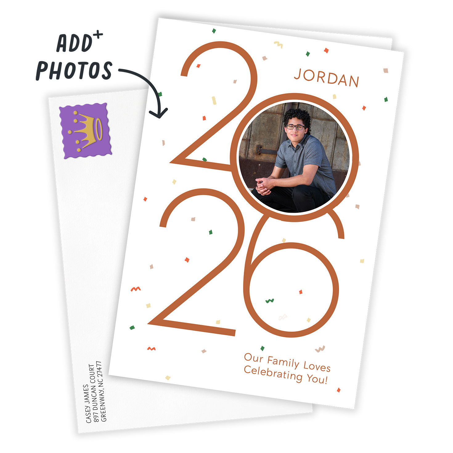Orange 2026 and Confetti Personalized Grad Card Card Front with Envelope indicating personalization image number 2