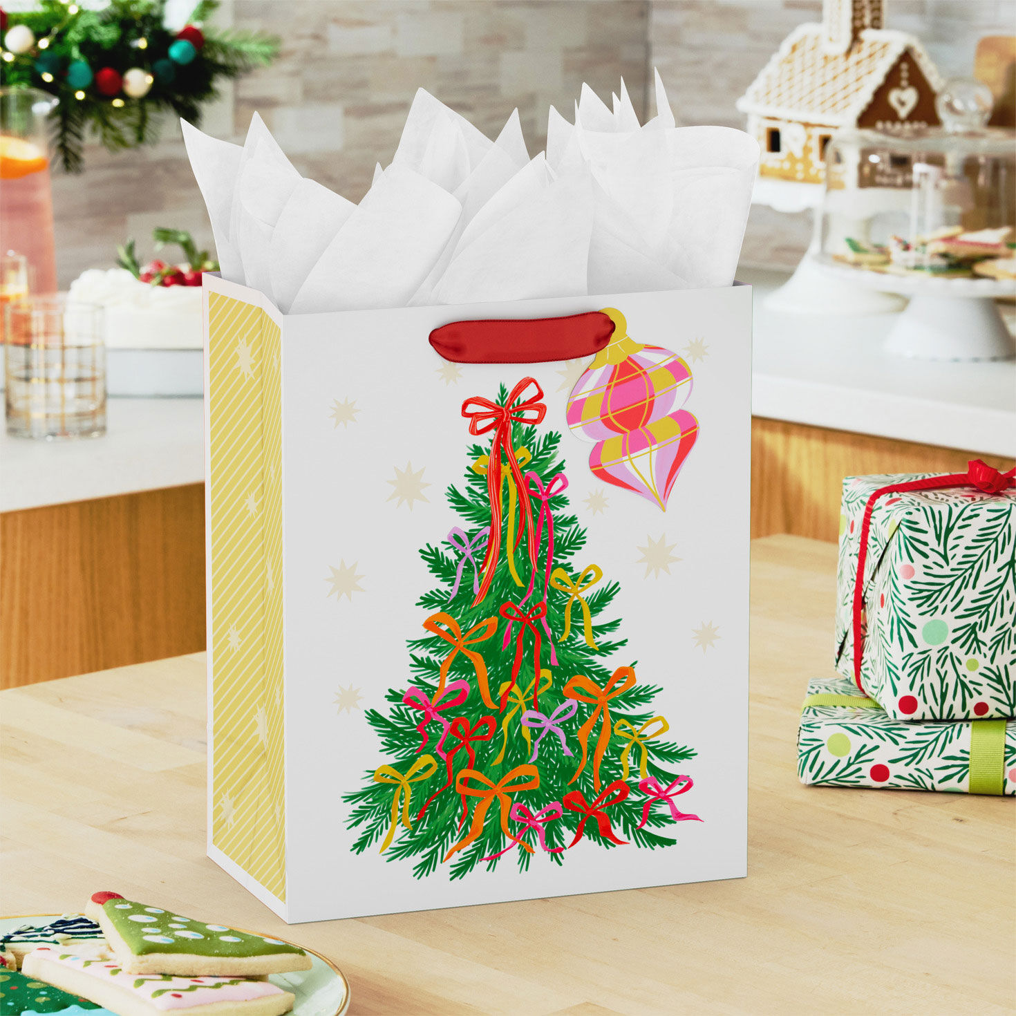 Ribbon Tree on White Medium Holiday Gift Bag In use image number 2