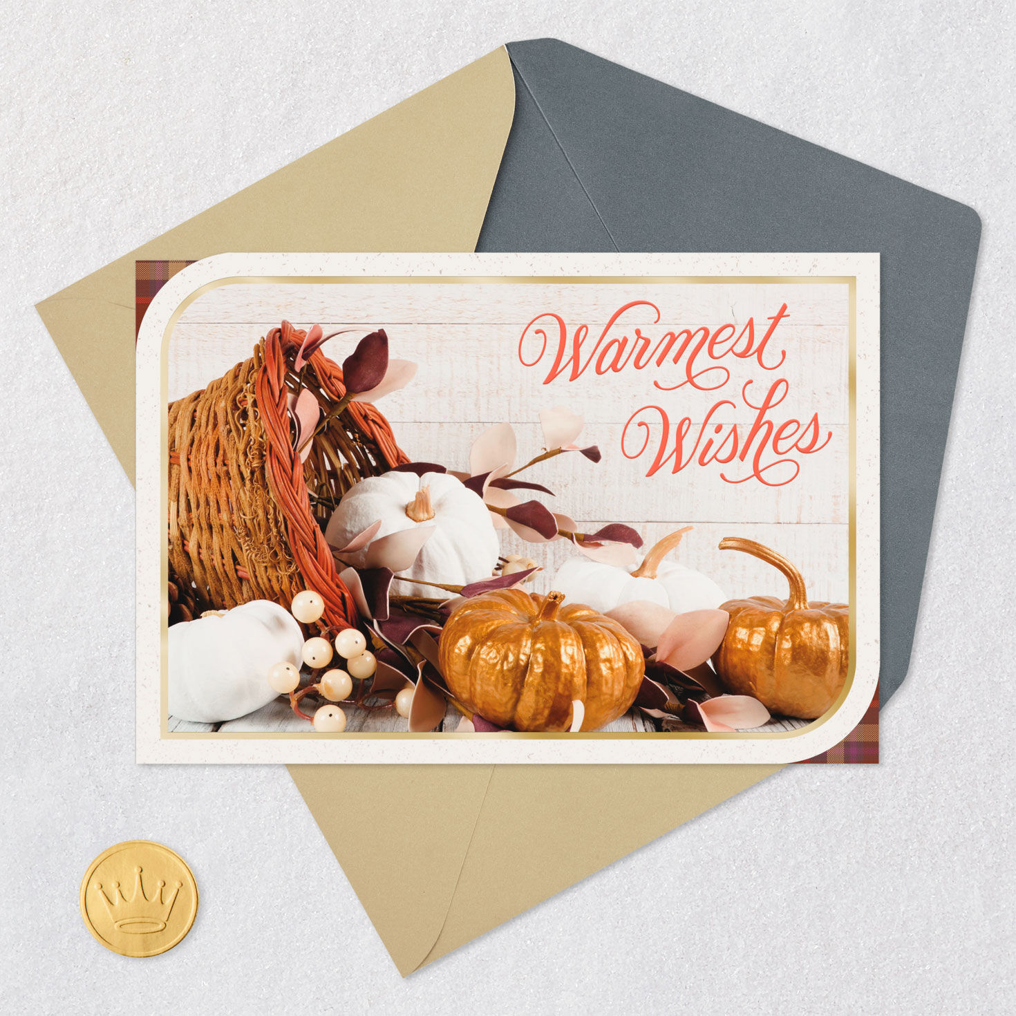 Fall Pumpkins Cornucopia Thanksgiving Card Card Front with Envelope and Gold Seal image number 5