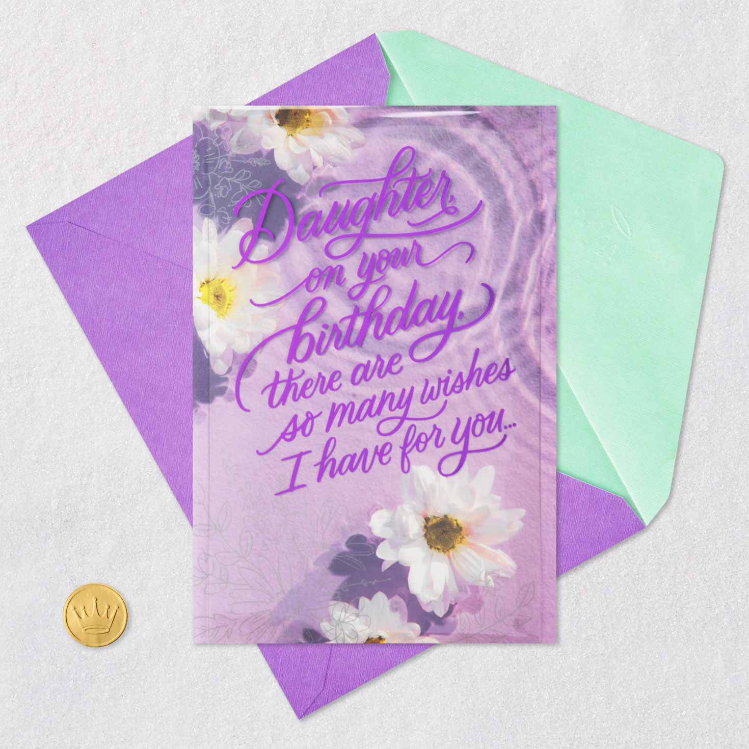 Daisy Flowers on Purple Daughter Birthday Card Card Front with Envelope and Gold Seal image number 9