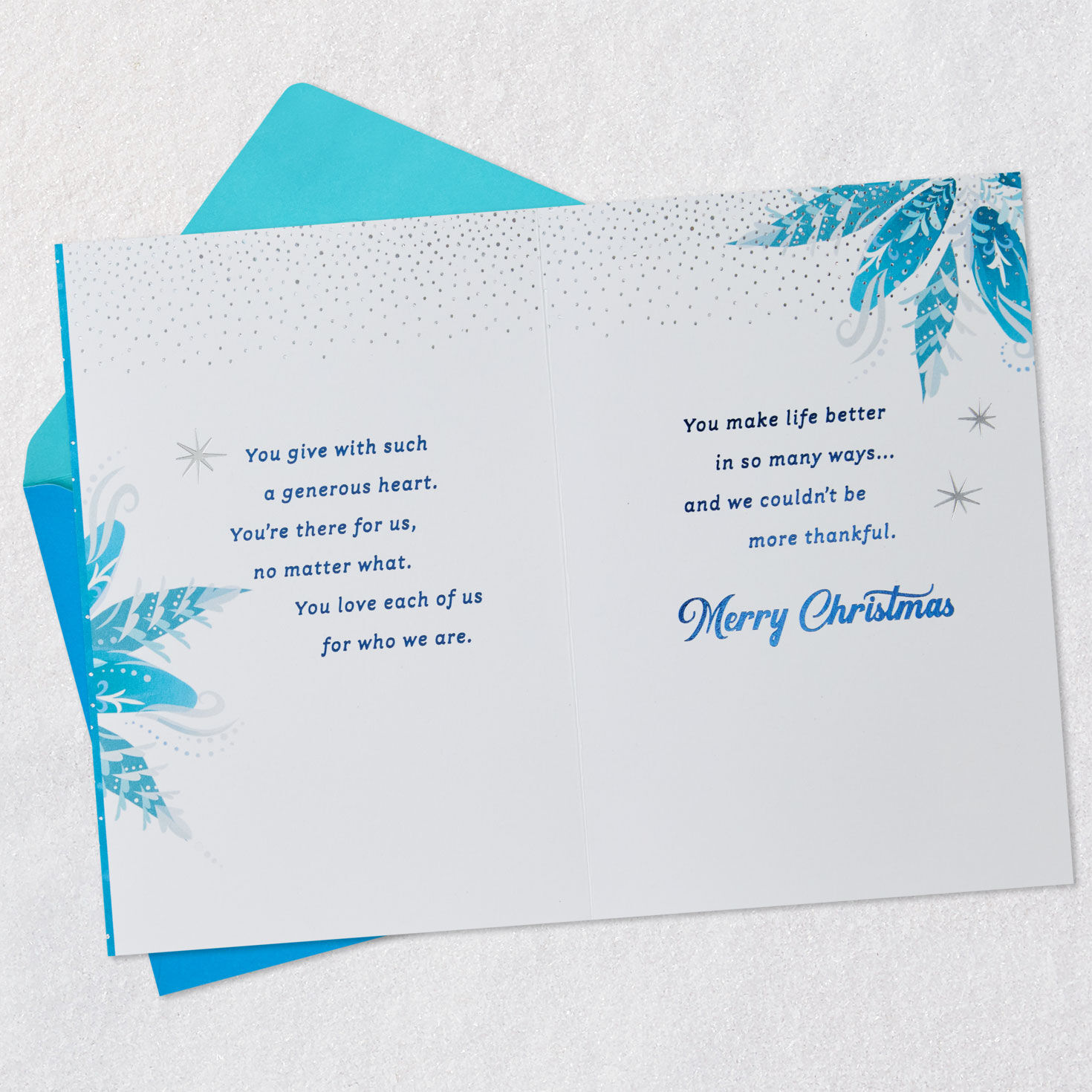 Blue Snowflake Christmas Card for Mom from Family Open card with envelope image number 4
