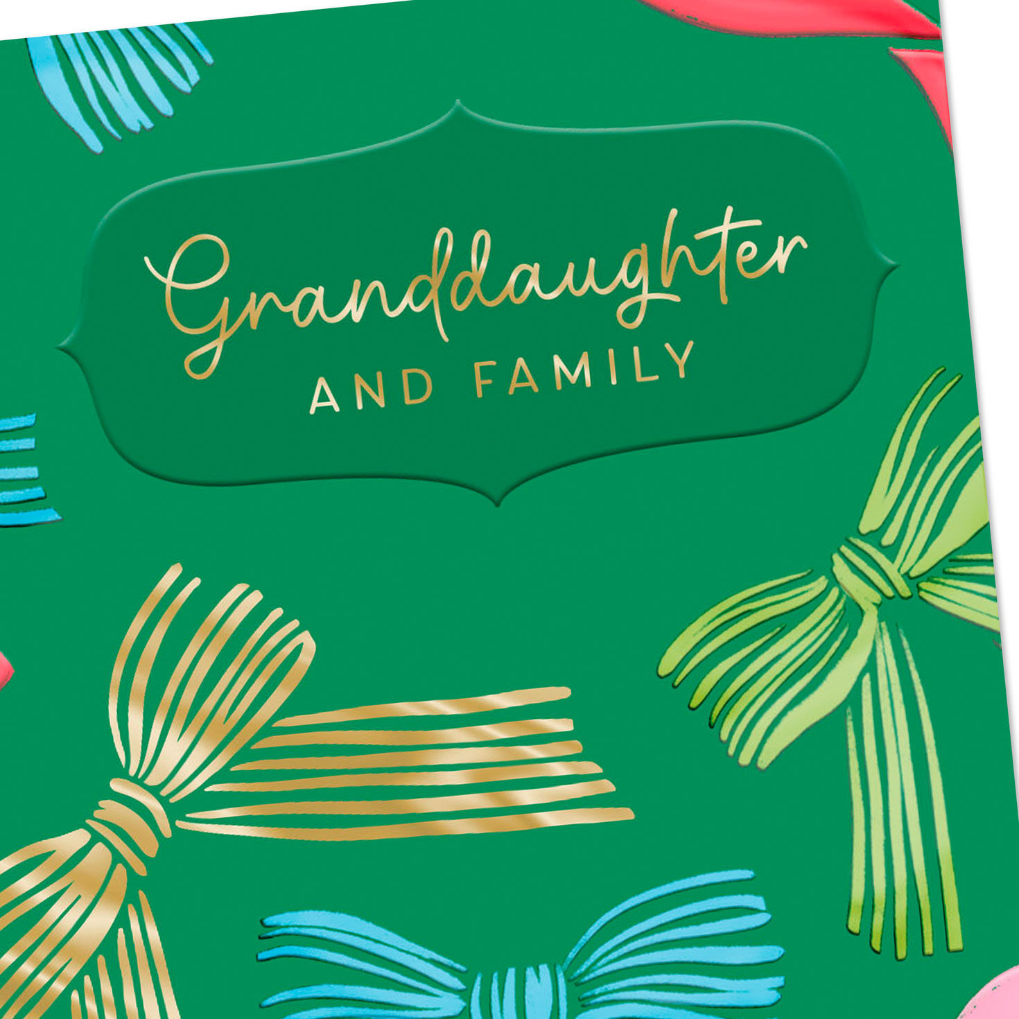 Bows on Daughter and Family Green Christmas Card Card Front Detail image number 4