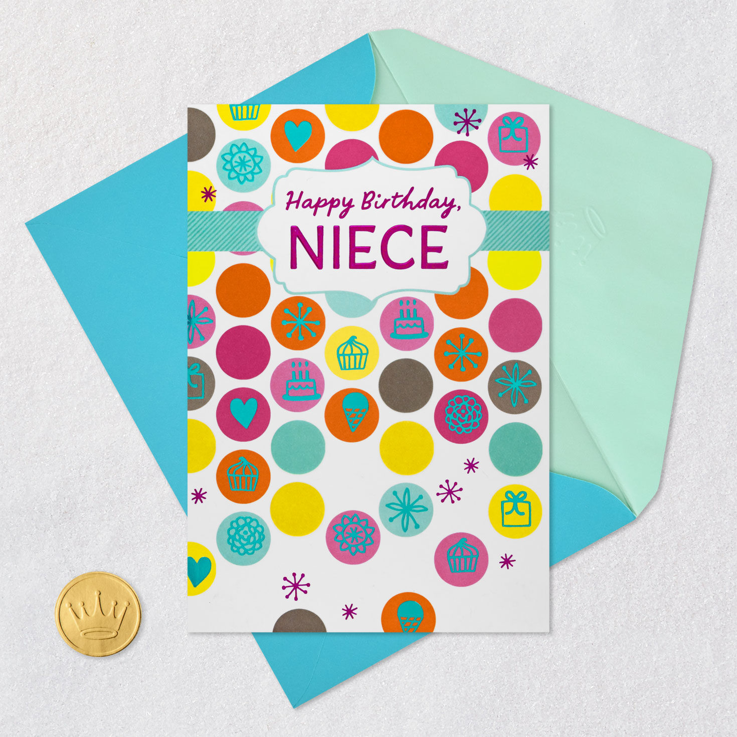 Colorful Dots and B-day Icons Niece Birthday Card Card Front with Envelope and Gold Seal image number 5