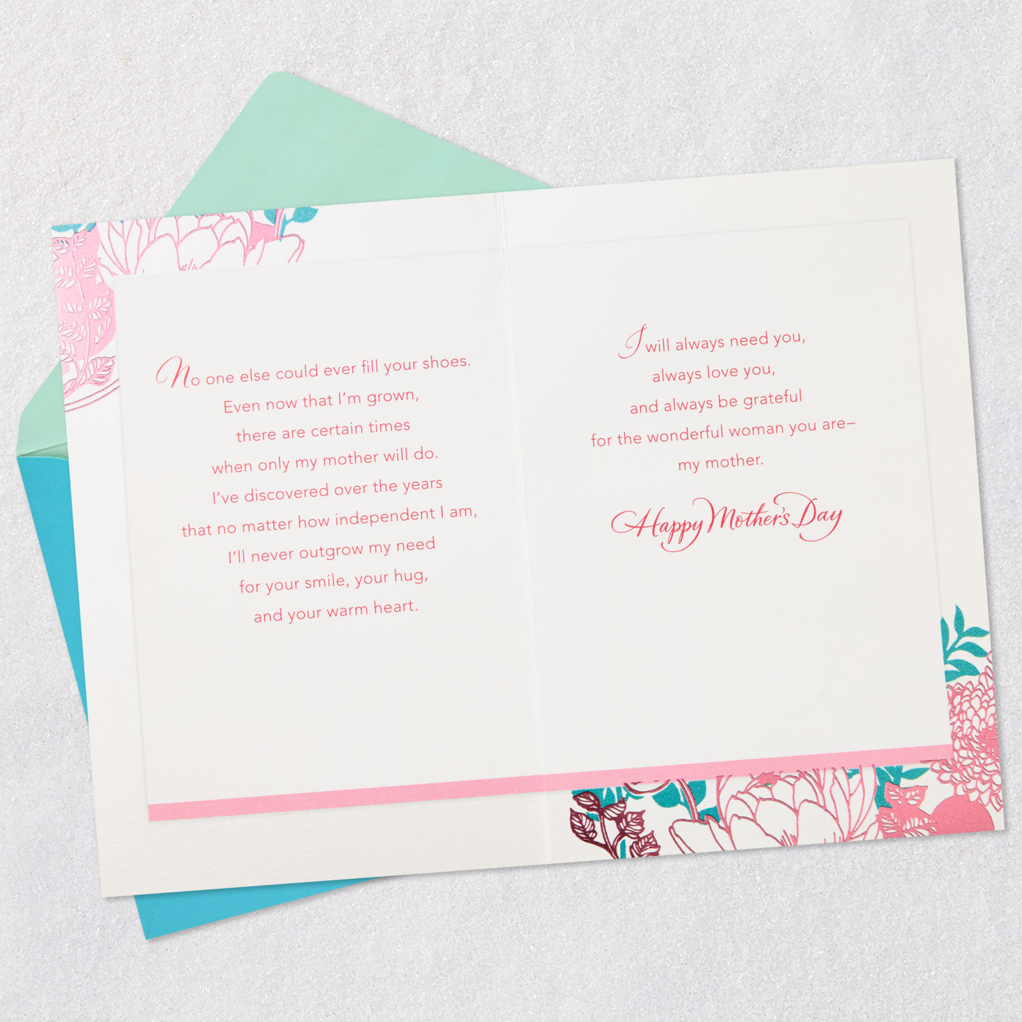 Pink Flowers and Gold Bird Mom Mother's Day Card Open card with envelope image number 4