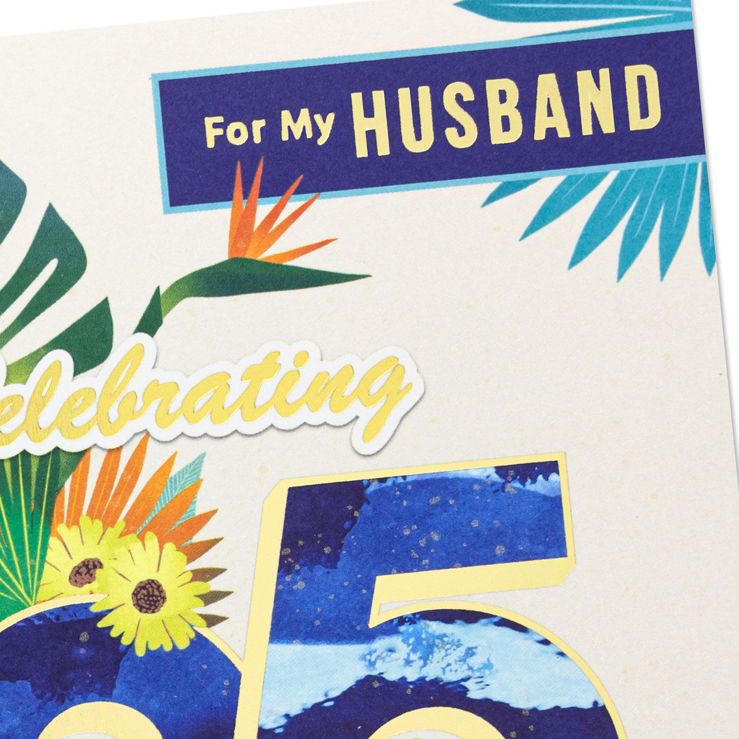 Tropical Leaves with Blue Lettering Anniversary Card for Him Card Front Detail image number 5