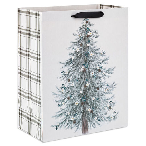 13" Illustrated Evergreen on White Large Christmas Gift Bag, 