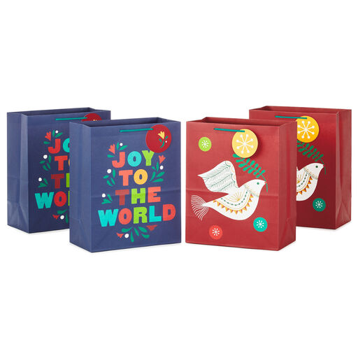 13" Dove and Joy Lettering 4-Pack Large Christmas Gift Bags, 