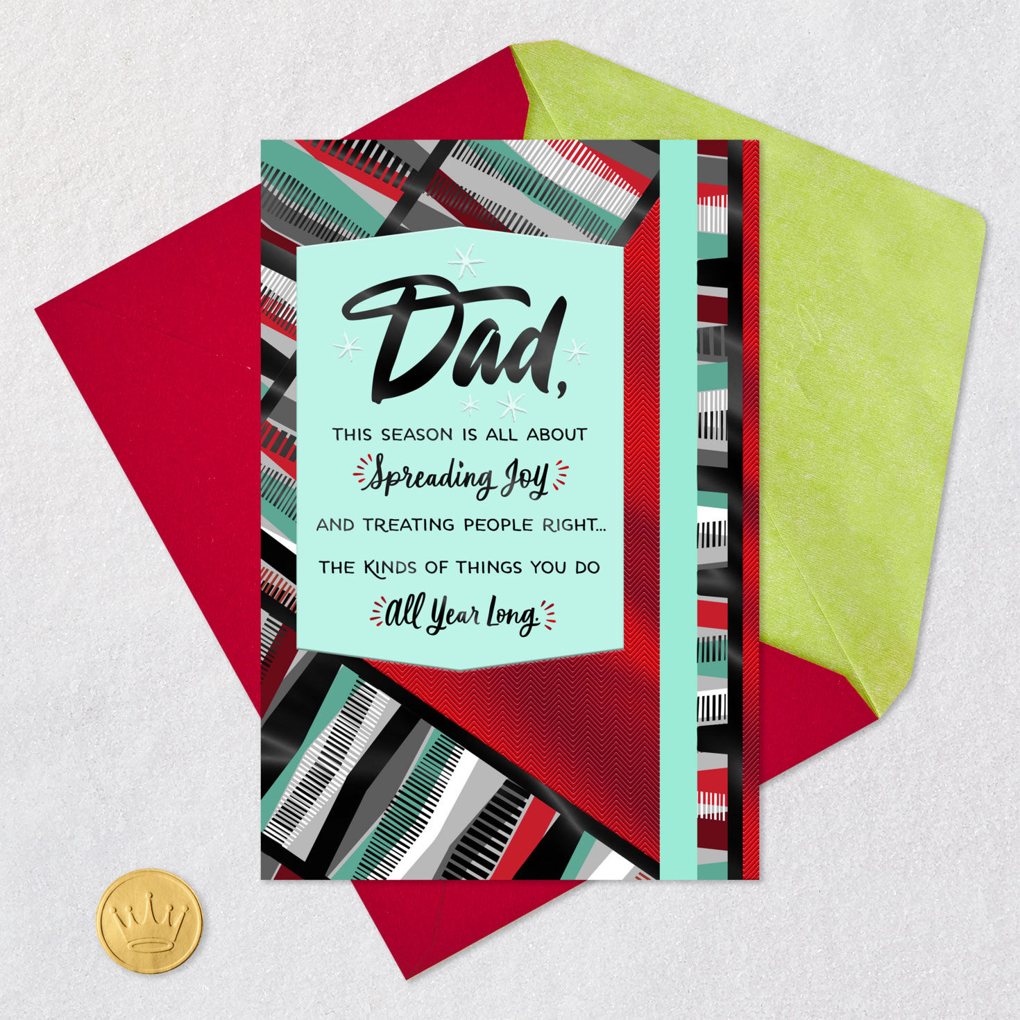 Red Teal Geometric Pattern Christmas Card for Dad Card Front with Envelope and Gold Seal image number 5