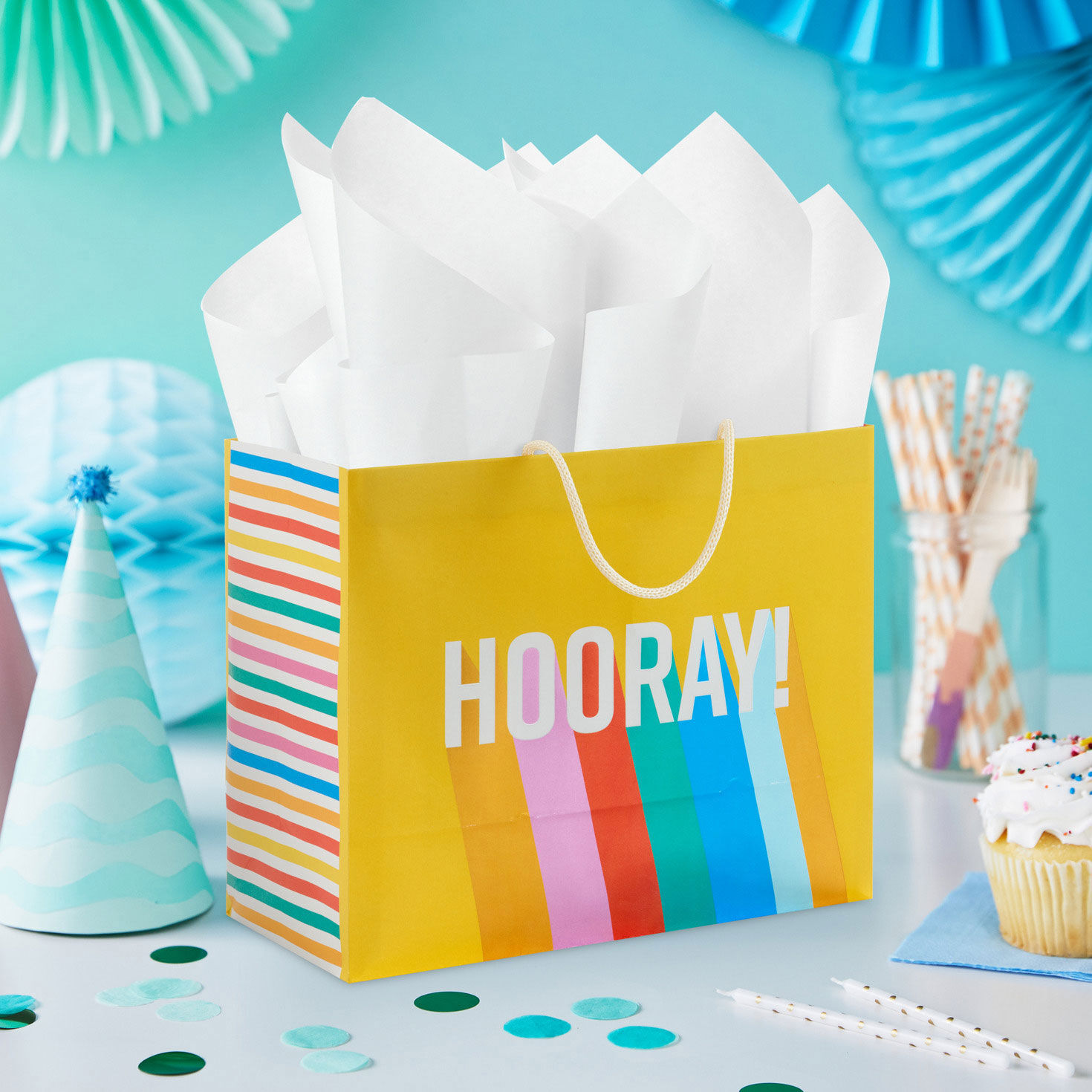 Hooray on Yellow Medium Horizontal Gift Bag in use image number 2