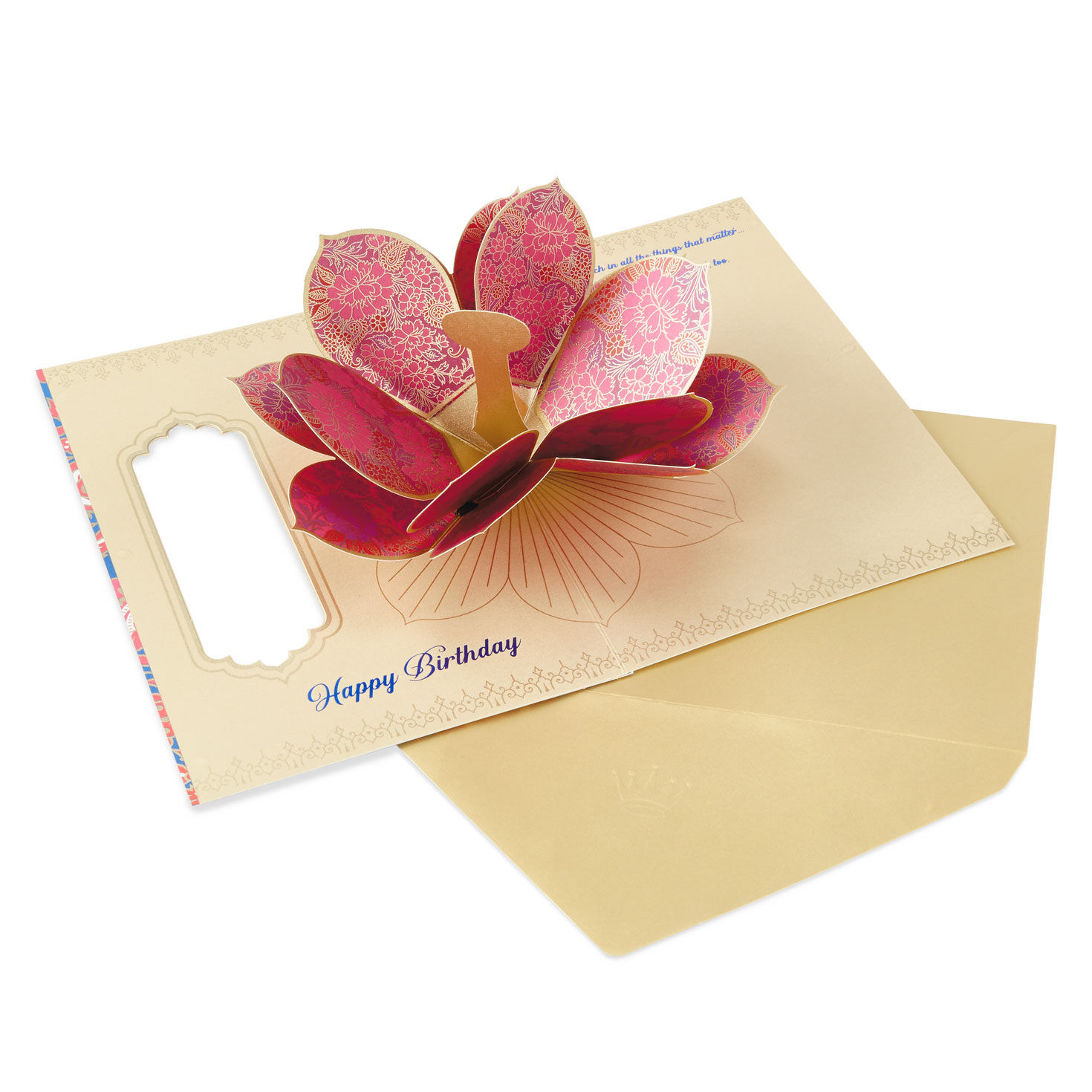 Blue and Pink Lotus Flower Pop-Up Birthday Card Open card with envelope image number 2