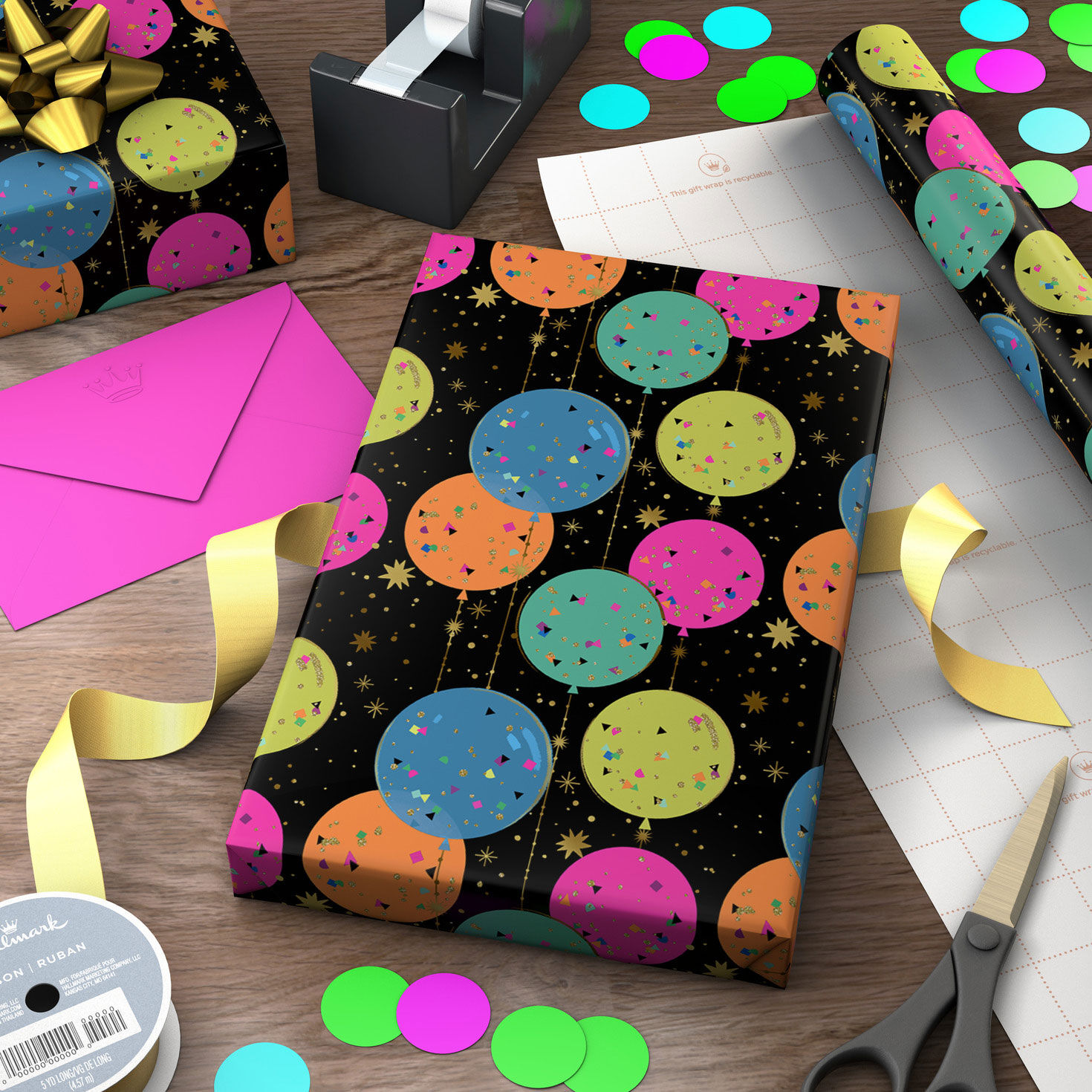 Neon Balloons and Confetti on Black Gift Wrap in use image number 3