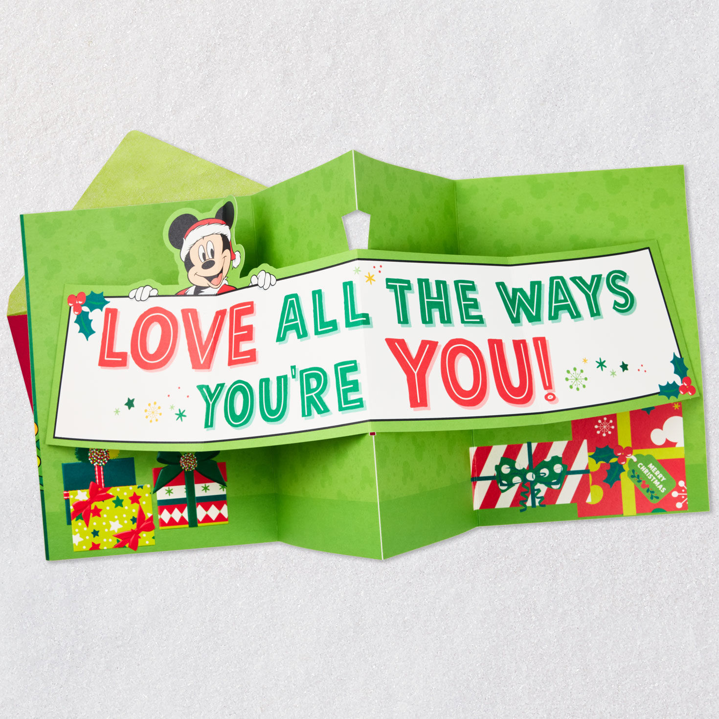 Green Tree Mickey Mouse Grandson Pop-Up Christmas Card Open card with envelope image number 3