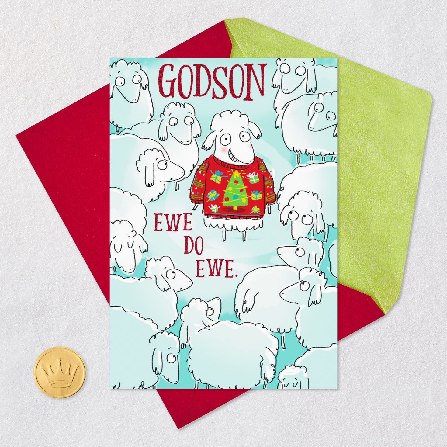 Funny Sheep in Ugly Sweater Christmas Card for Godson Card Front with Envelope and Gold Seal image number 5