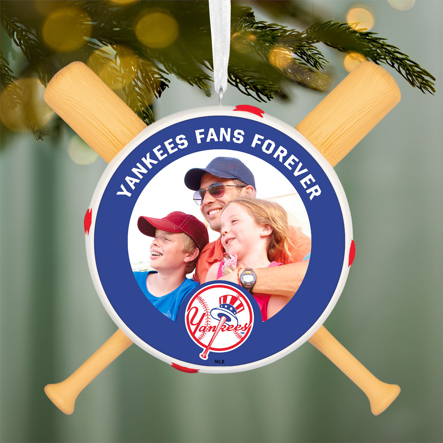 New York Yankees Personalized Photo Text Ornament hanging on tree image number 3