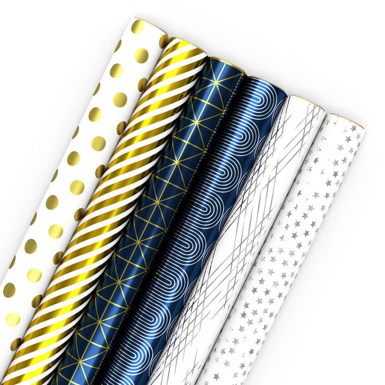 Geometric Metallics 6-Pack Assorted Wrapping Paper Roll Bundle, 180 sq. ft. total