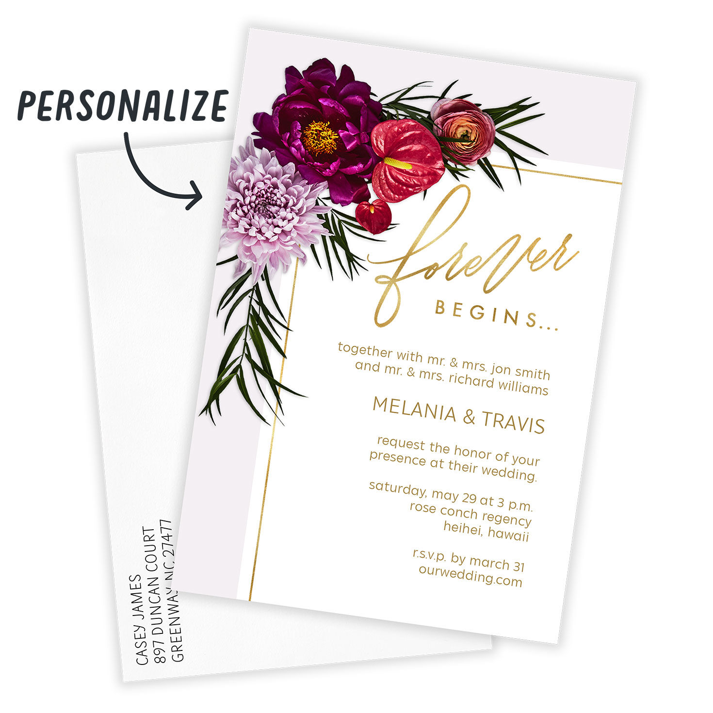 Corner Flowers Personalized Wedding Invitation Card Front indicating personalization image number 2